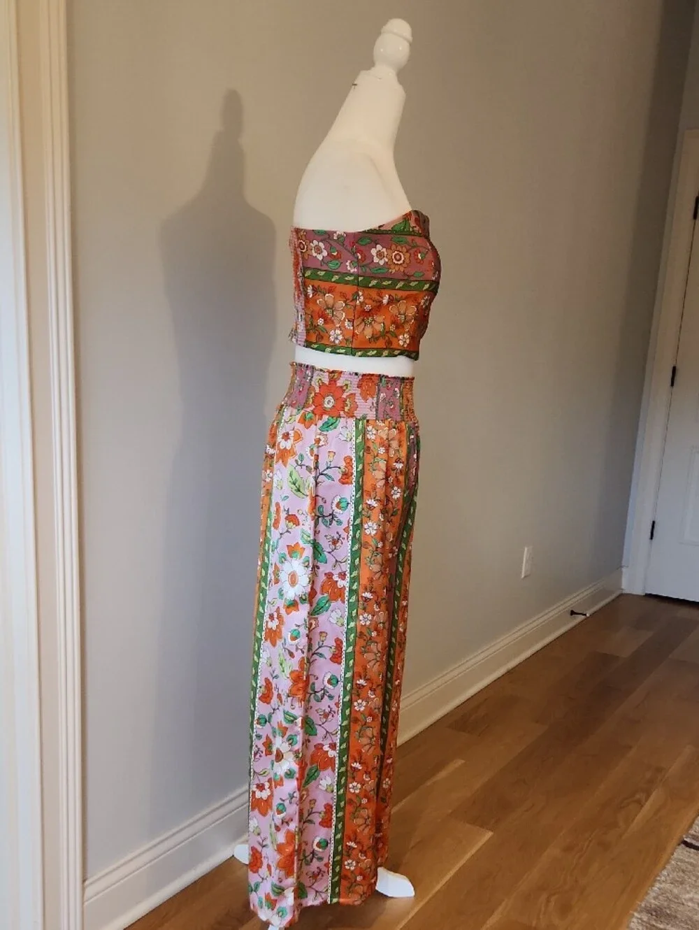 House of Harlow 1960 Orange Floral Strapless Jumpsuit with Pink & Green Panels